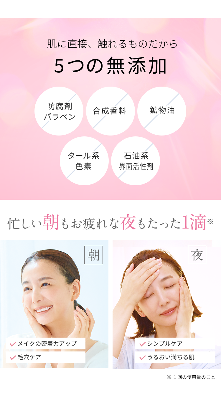 肌に直接、触れるものだから
5つの無添加
防腐剤
合成香料
鉱物油
パラベン
タール系
石油系
色素
界面活性劑
忙しい朝もお疲れな夜もたった1滴※
朝
夜
<メイクの密着力アップ
シンプルケア
毛穴ケア
うるおい満ちる肌
※1回の使用量のこと